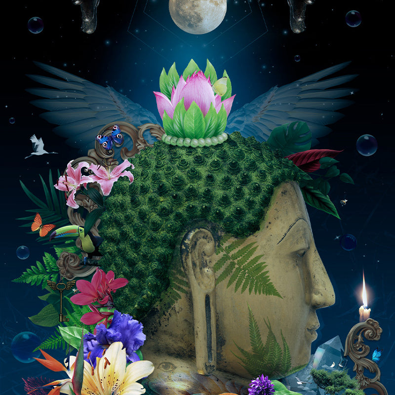 Explore self-discovery and spiritual growth with our 'Be Your Own Light' poster, a beautiful portrayal of Buddha's teachings. This image envelops the Buddha amidst flowers and living beings, embodying his love and compassion.