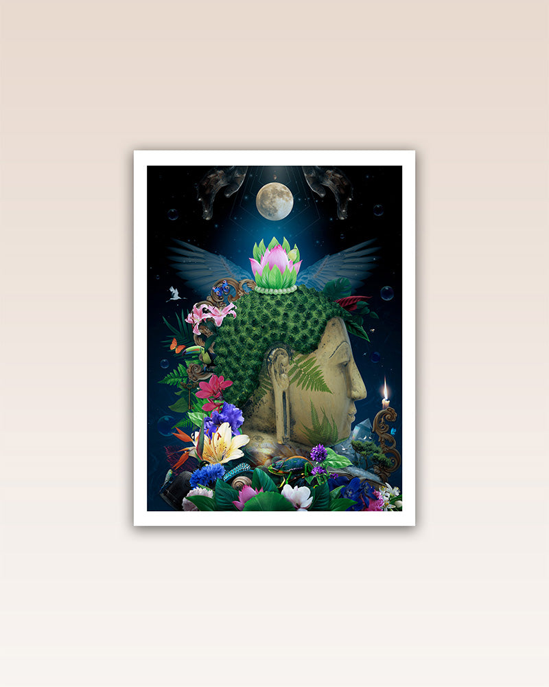 Explore self-discovery and spiritual growth with our 'Be Your Own Light' poster, a beautiful portrayal of Buddha's teachings. This image envelops the Buddha amidst flowers and living beings, embodying his love and compassion.