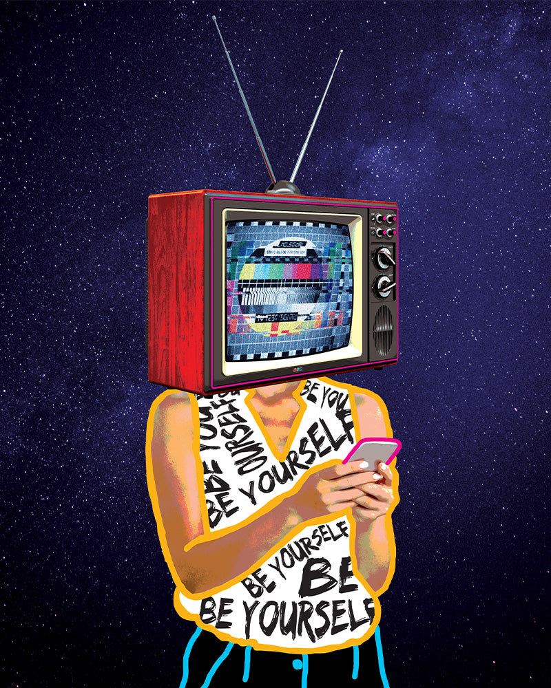 This vibrant and bold poster print depicts a world in which social media overshadows human connection and encourages reliance on external influences.