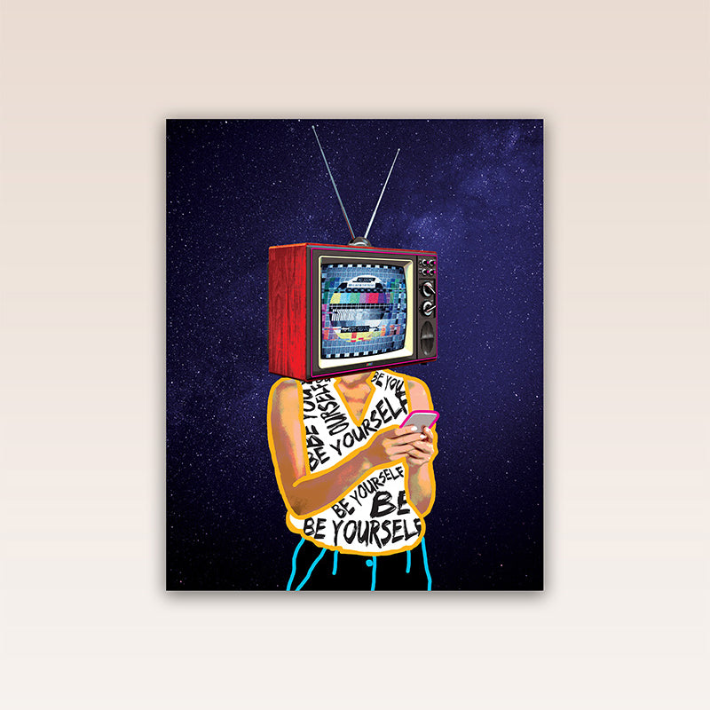 This vibrant and bold poster print depicts a world in which social media overshadows human connection and encourages reliance on external influences.