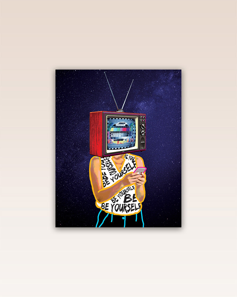 This vibrant and bold poster print depicts a world in which social media overshadows human connection and encourages reliance on external influences.