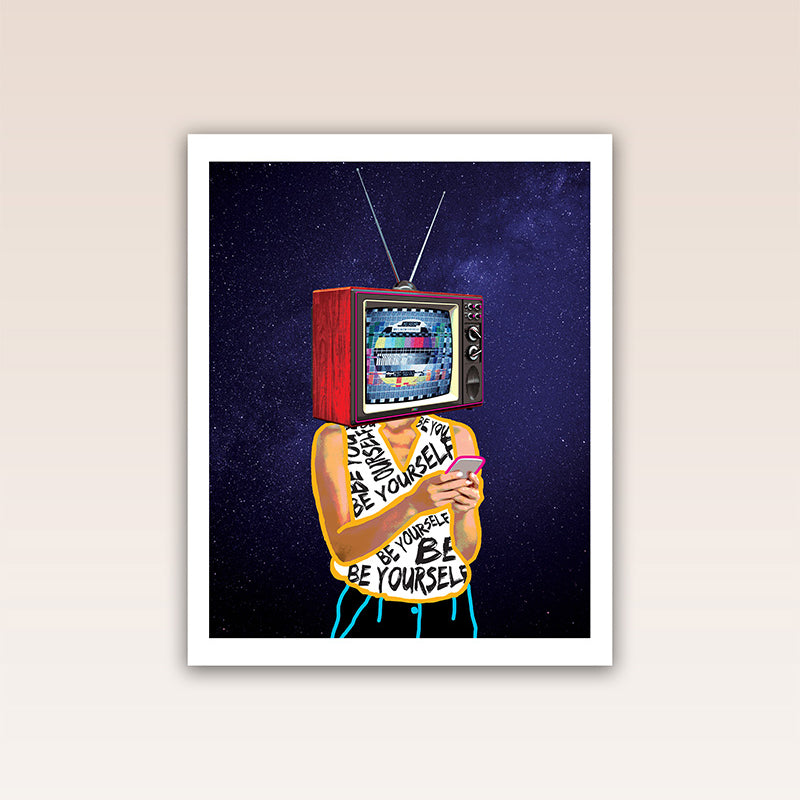 This vibrant and bold poster print depicts a world in which social media overshadows human connection and encourages reliance on external influences.