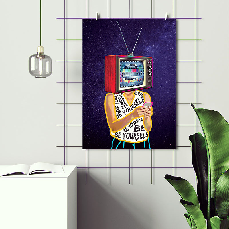 This vibrant and bold poster print depicts a world in which social media overshadows human connection and encourages reliance on external influences.