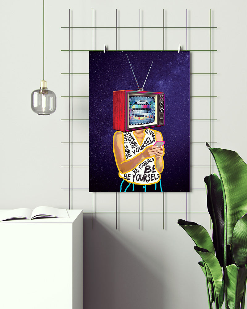 This vibrant and bold poster print depicts a world in which social media overshadows human connection and encourages reliance on external influences.