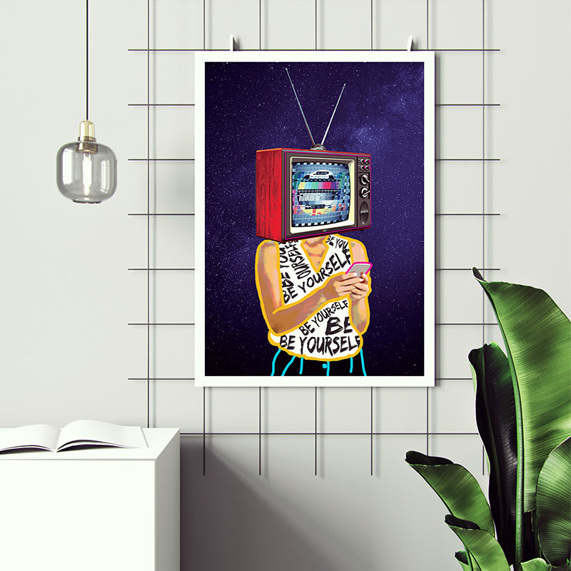 This vibrant and bold poster print depicts a world in which social media overshadows human connection and encourages reliance on external influences.