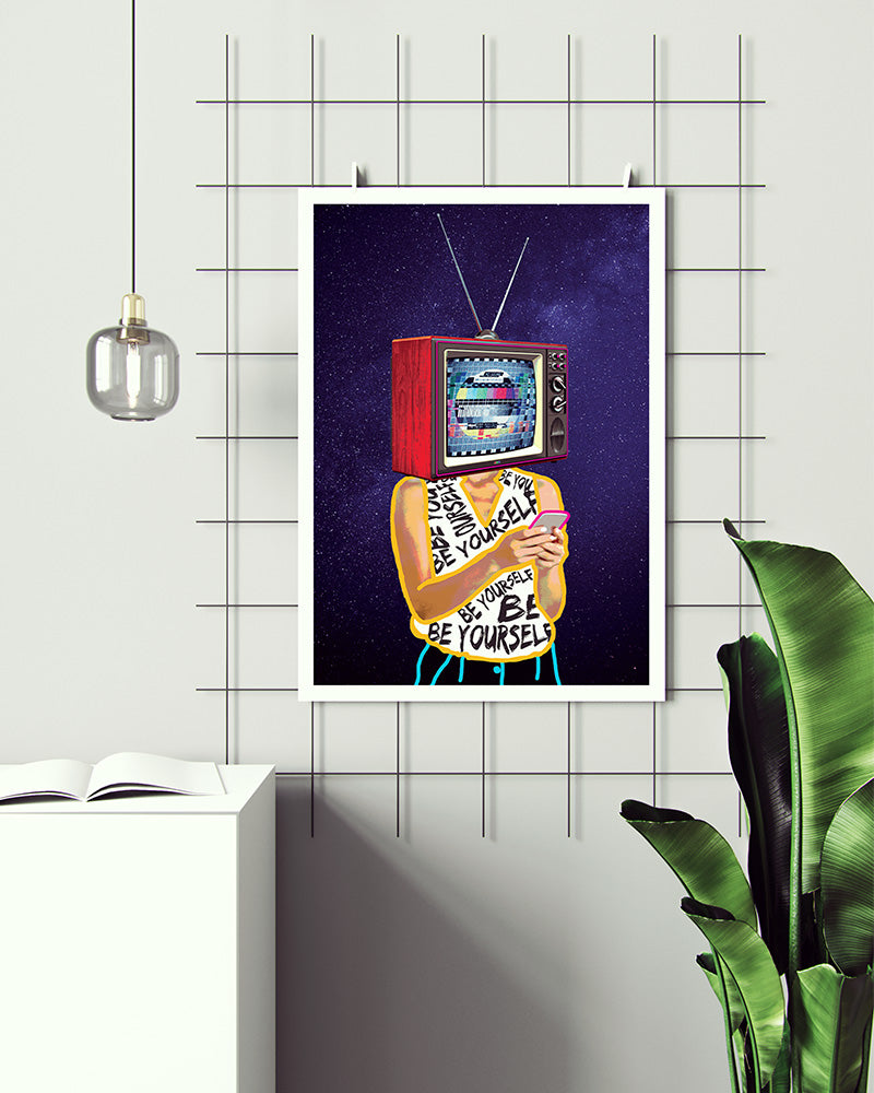 This vibrant and bold poster print depicts a world in which social media overshadows human connection and encourages reliance on external influences.