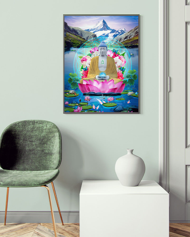 This poster print brings transformation to the desired manifestation in the space, indulge in an ethereal moment of peace and tranquillity in the embrace of the Buddha.