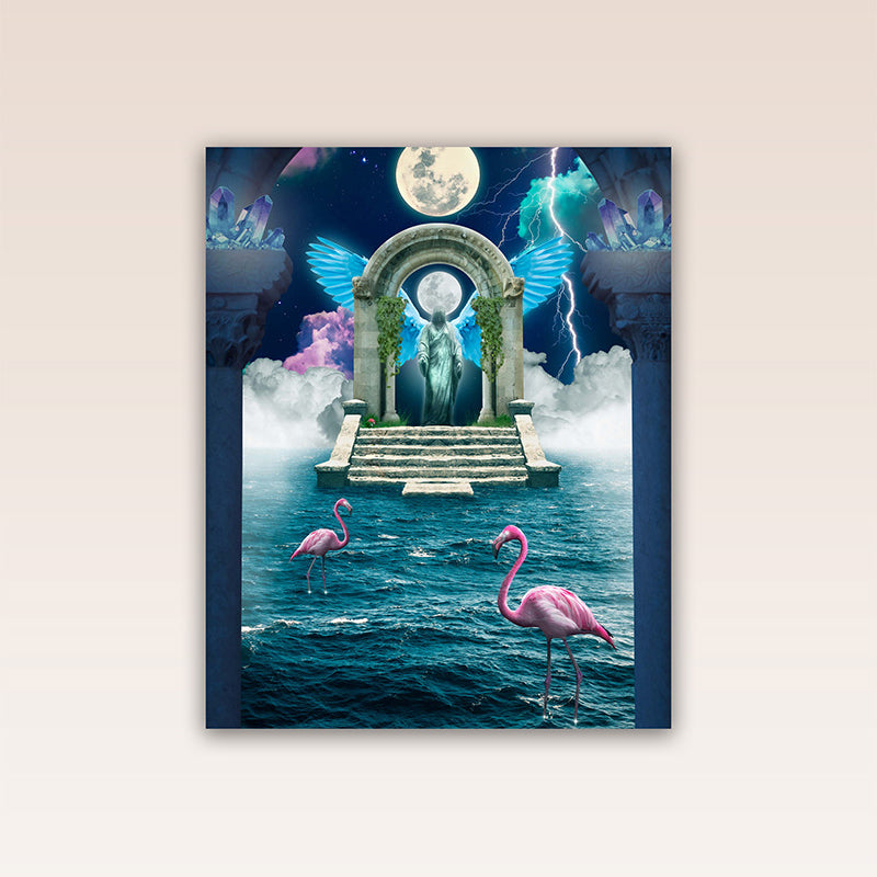 Step into a celestial cloud portal with this mesmerizing poster print. Once you enter, you find yourself in a vibrant world of luminous beings of all shapes and colors.