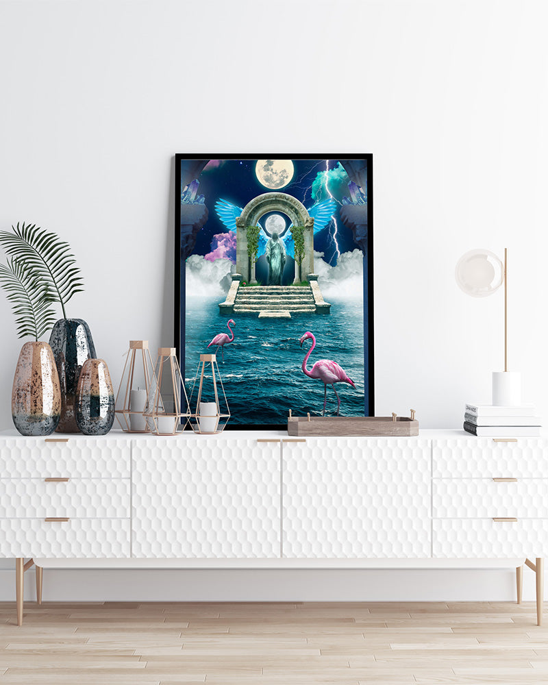 Step into a celestial cloud portal with this mesmerizing poster print. Once you enter, you find yourself in a vibrant world of luminous beings of all shapes and colors.