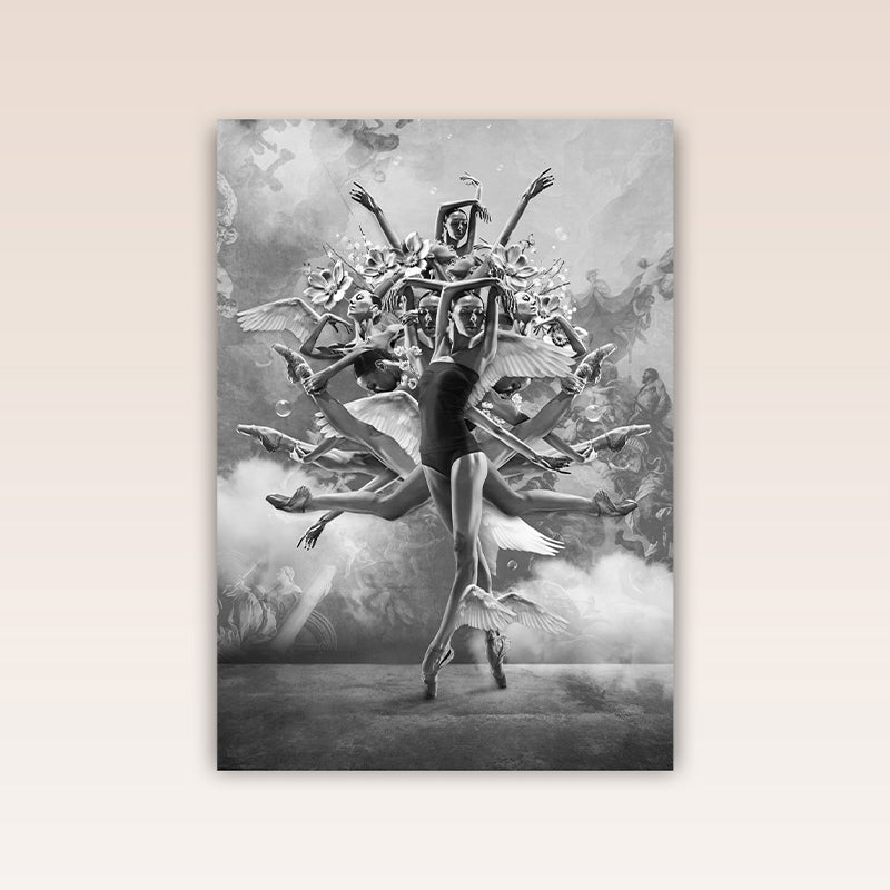 Experience the art of dance through the lens of this stunning black and white poster print, titled 'The Movement of Infinity.' It's a heartfelt dedication to the profound language of dance. In the graceful sway of the body, it speaks volumes beyond words and the notes of music.