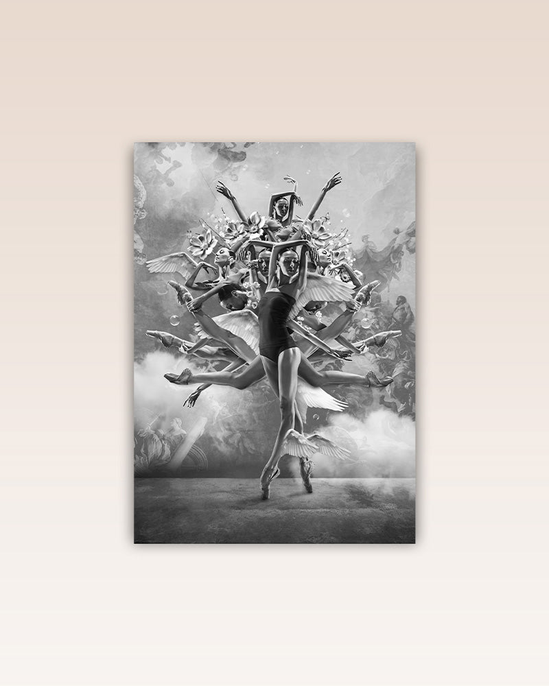 Experience the art of dance through the lens of this stunning black and white poster print, titled 'The Movement of Infinity.' It's a heartfelt dedication to the profound language of dance. In the graceful sway of the body, it speaks volumes beyond words and the notes of music.