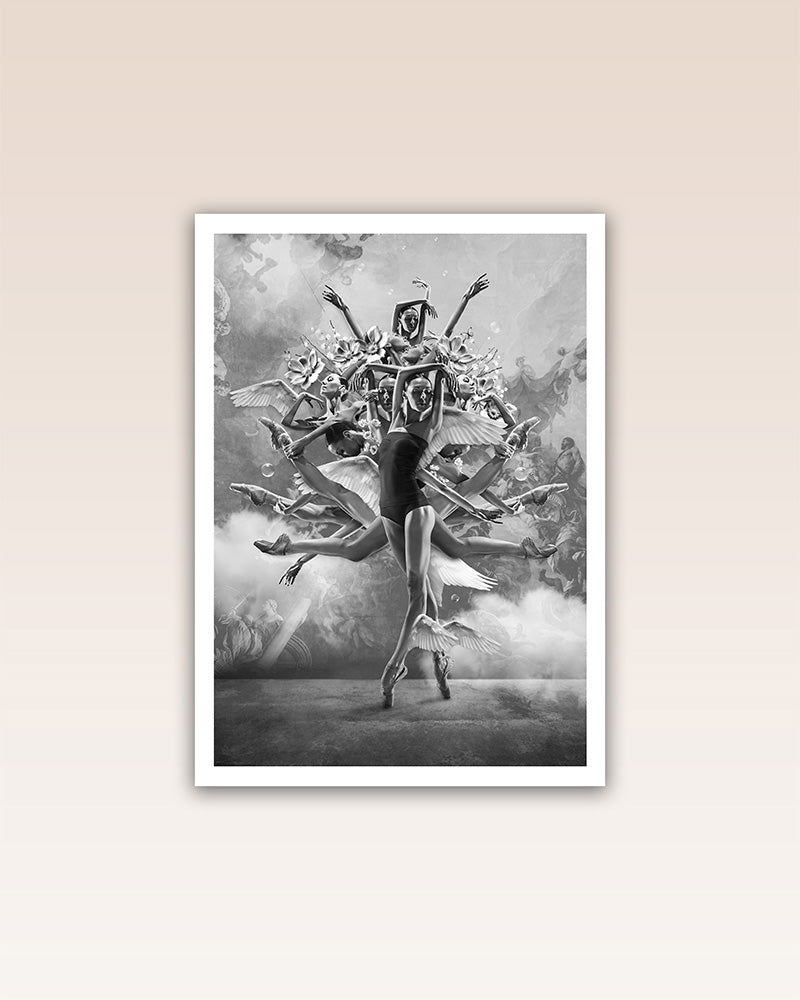 Experience the art of dance through the lens of this stunning black and white poster print, titled 'The Movement of Infinity.' It's a heartfelt dedication to the profound language of dance. In the graceful sway of the body, it speaks volumes beyond words and the notes of music.