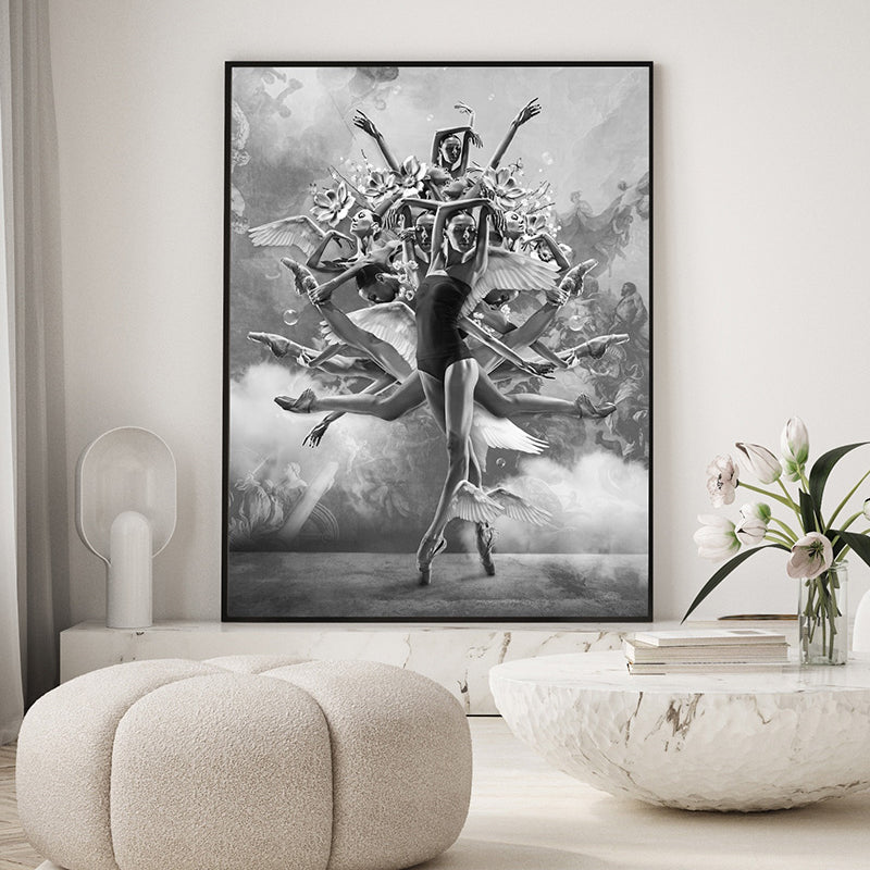 Experience the art of dance through the lens of this stunning black and white poster print, titled 'The Movement of Infinity.' It's a heartfelt dedication to the profound language of dance. In the graceful sway of the body, it speaks volumes beyond words and the notes of music.