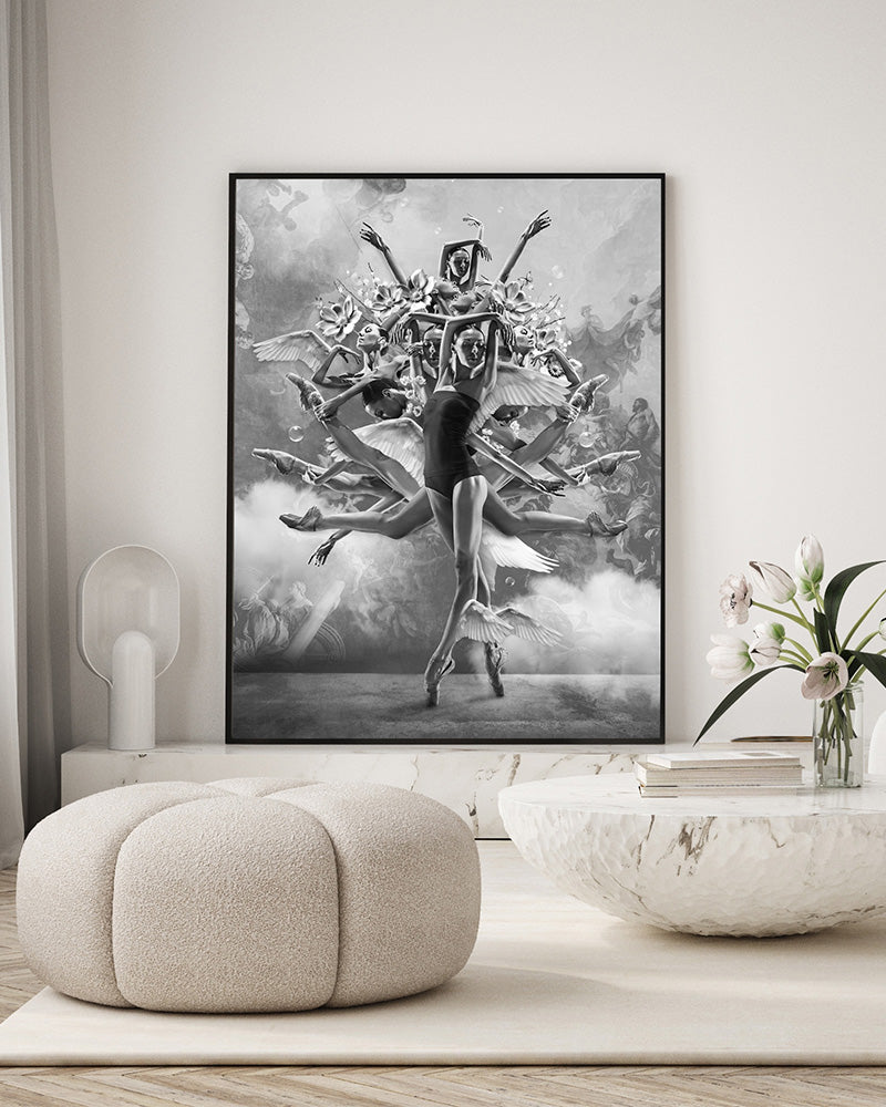 Experience the art of dance through the lens of this stunning black and white poster print, titled 'The Movement of Infinity.' It's a heartfelt dedication to the profound language of dance. In the graceful sway of the body, it speaks volumes beyond words and the notes of music.