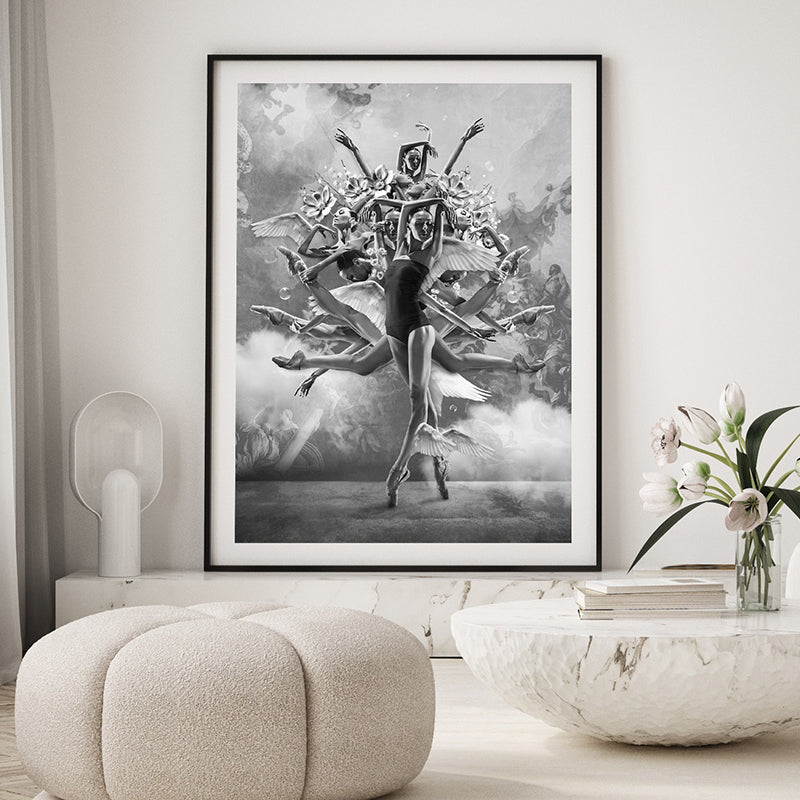 Experience the art of dance through the lens of this stunning black and white poster print, titled 'The Movement of Infinity.' It's a heartfelt dedication to the profound language of dance. In the graceful sway of the body, it speaks volumes beyond words and the notes of music.