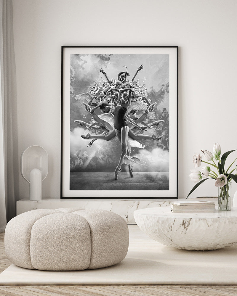 Experience the art of dance through the lens of this stunning black and white poster print, titled 'The Movement of Infinity.' It's a heartfelt dedication to the profound language of dance. In the graceful sway of the body, it speaks volumes beyond words and the notes of music.