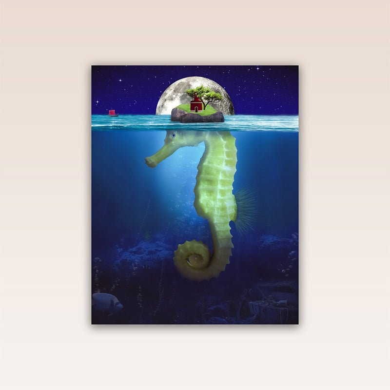 This enchanting poster print reveals the hidden depths of the ocean, showing a seemingly ordinary island that is actually part of a beautiful seahorse. It encourages viewers to dive beneath the surface and explore the unknown, where secrets and surprises are waiting to be discovered.