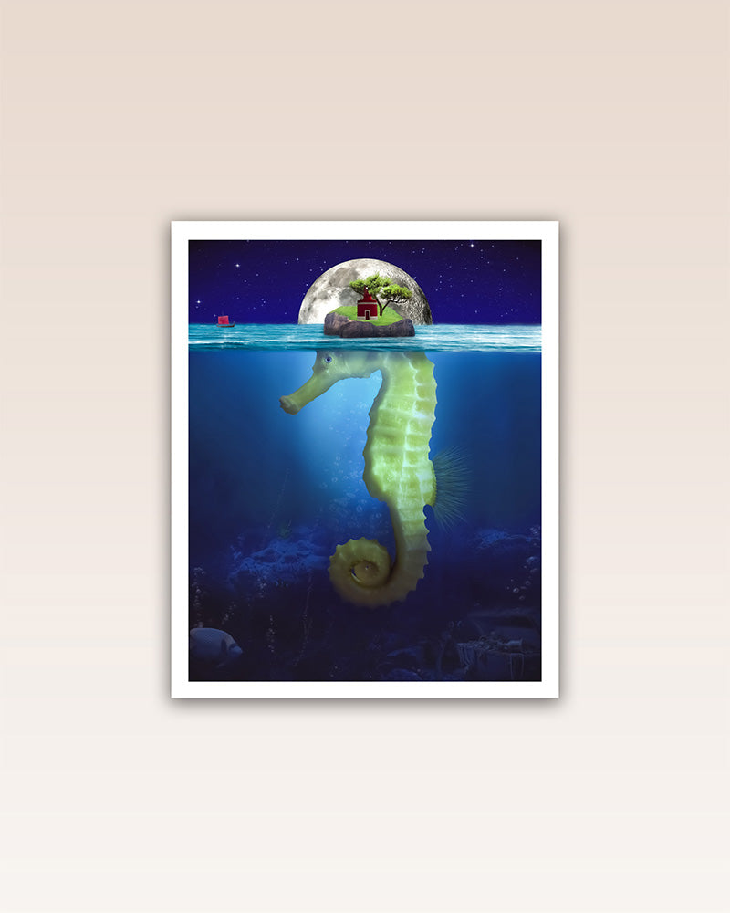 This enchanting poster print reveals the hidden depths of the ocean, showing a seemingly ordinary island that is actually part of a beautiful seahorse. It encourages viewers to dive beneath the surface and explore the unknown, where secrets and surprises are waiting to be discovered.