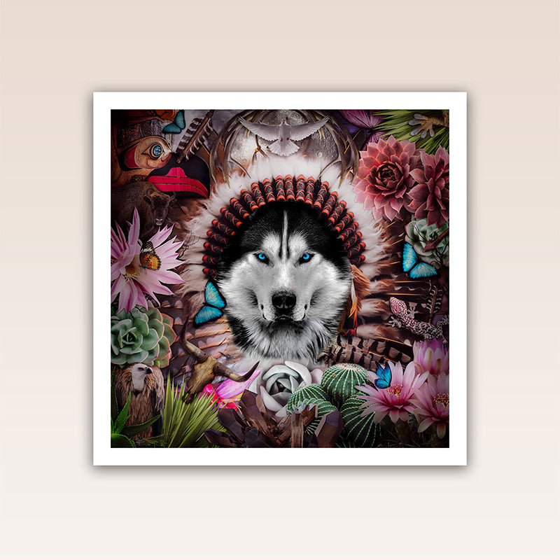 Elevate your space with this striking poster print, a potent emblem of wisdom, balance, and strength. At its heart stands a magnificent wolf, its piercing blue eyes seemingly delving into your very soul. The wolf's sagacious and untamed spirit imparts a profound lesson: the harmony of our community hinges on our personal fulfillment and contentment.