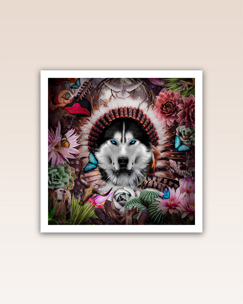 Elevate your space with this striking poster print, a potent emblem of wisdom, balance, and strength. At its heart stands a magnificent wolf, its piercing blue eyes seemingly delving into your very soul. The wolf's sagacious and untamed spirit imparts a profound lesson: the harmony of our community hinges on our personal fulfillment and contentment.