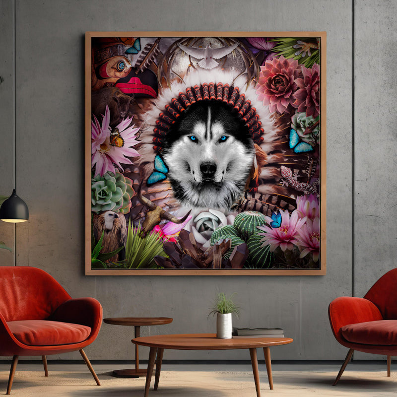 Elevate your space with this striking poster print, a potent emblem of wisdom, balance, and strength. At its heart stands a magnificent wolf, its piercing blue eyes seemingly delving into your very soul. The wolf's sagacious and untamed spirit imparts a profound lesson: the harmony of our community hinges on our personal fulfillment and contentment.