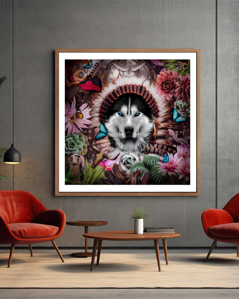 Elevate your space with this striking poster print, a potent emblem of wisdom, balance, and strength. At its heart stands a magnificent wolf, its piercing blue eyes seemingly delving into your very soul. The wolf's sagacious and untamed spirit imparts a profound lesson: the harmony of our community hinges on our personal fulfillment and contentment.