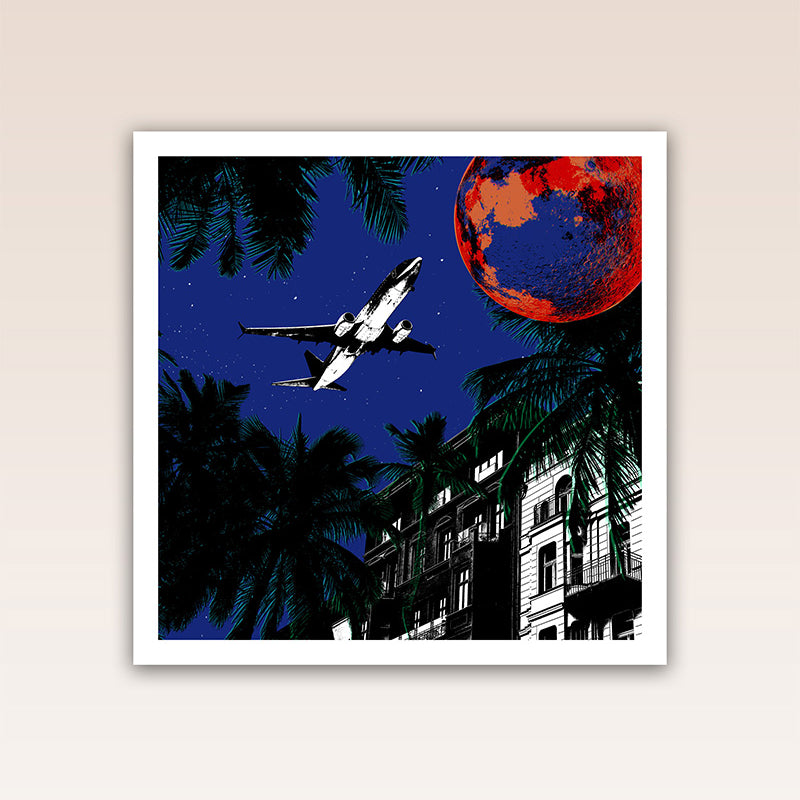 Presenting a captivating graphic design poster print showcasing a plane headed towards the moon at night, symbolizing the human need to escape the routine and noise of daily life.