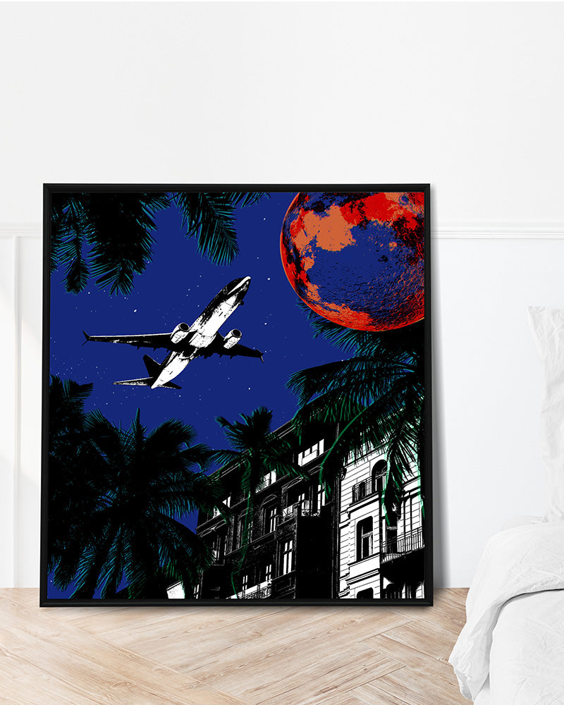Presenting a captivating graphic design poster print showcasing a plane headed towards the moon at night, symbolizing the human need to escape the routine and noise of daily life.
