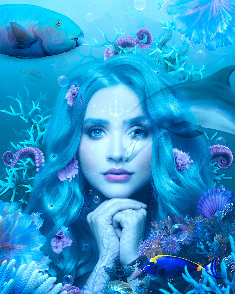 This poster print is a beautiful representation of Amphitrite, the goddess of the sea, who rules its mysterious depths and is connected to all the creatures that live in it.