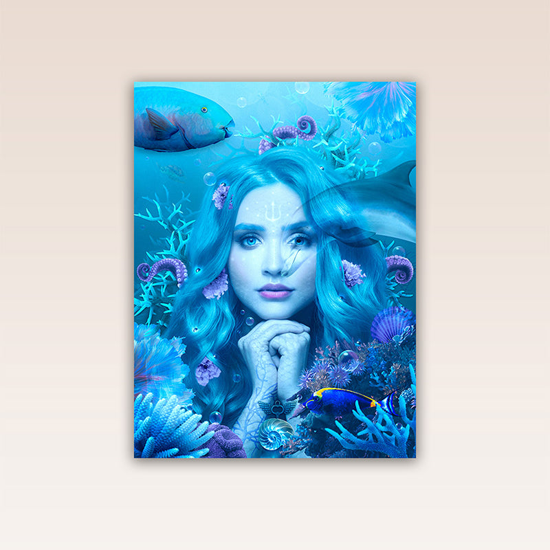 This poster print is a beautiful representation of Amphitrite, the goddess of the sea, who rules its mysterious depths and is connected to all the creatures that live in it.