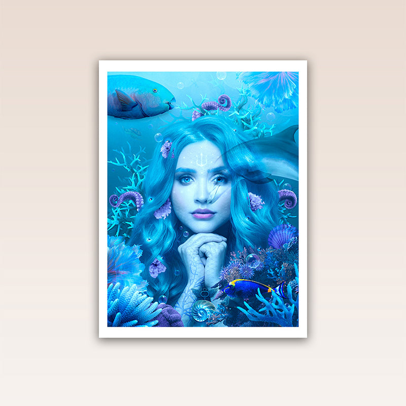 This poster print is a beautiful representation of Amphitrite, the goddess of the sea, who rules its mysterious depths and is connected to all the creatures that live in it.