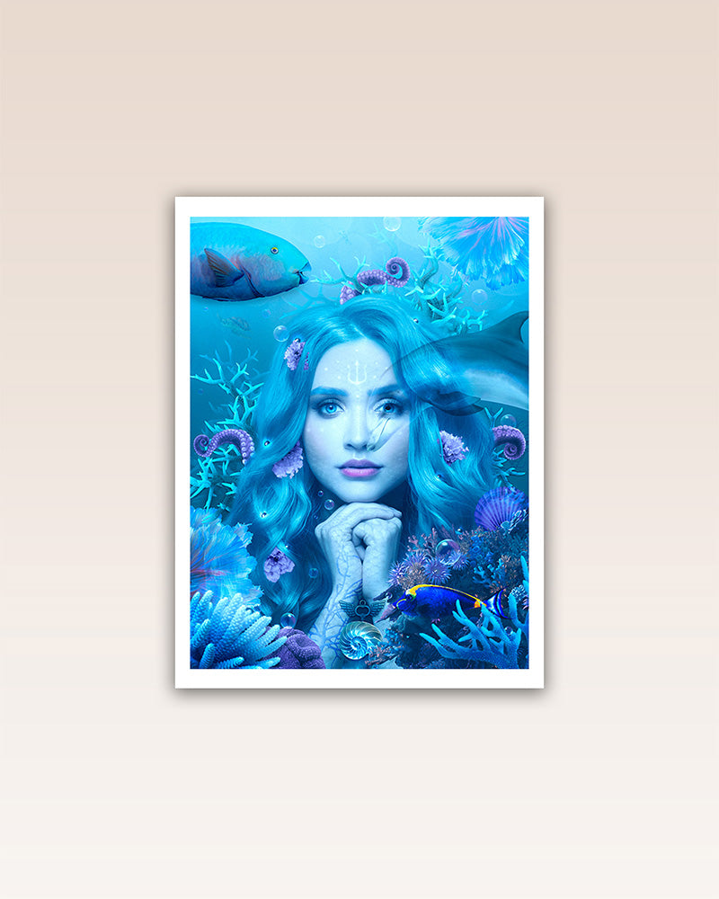 This poster print is a beautiful representation of Amphitrite, the goddess of the sea, who rules its mysterious depths and is connected to all the creatures that live in it.