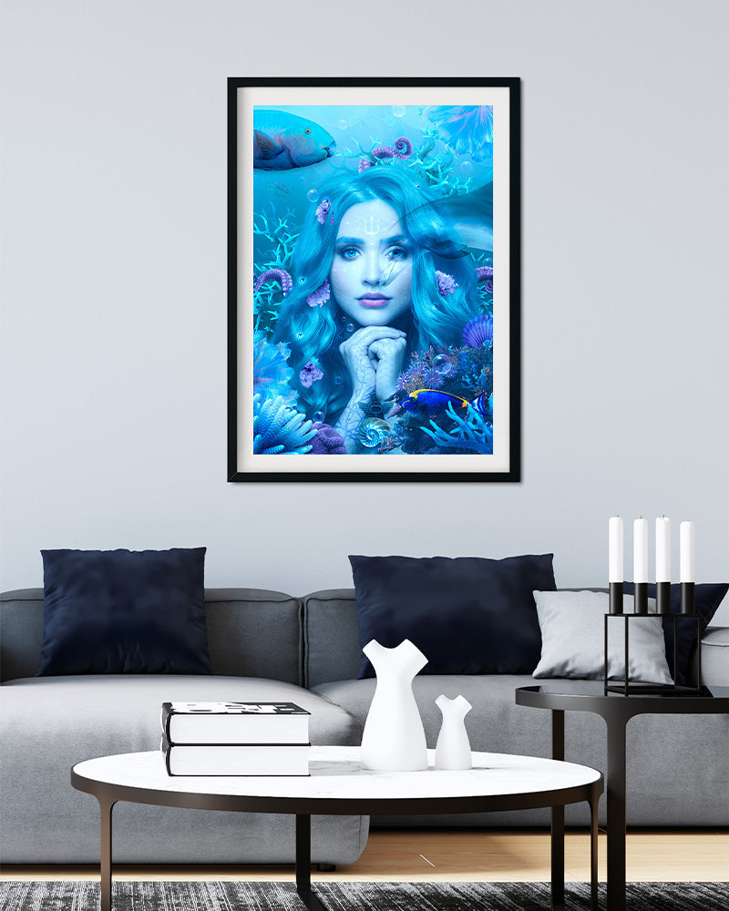 This poster print is a beautiful representation of Amphitrite, the goddess of the sea, who rules its mysterious depths and is connected to all the creatures that live in it.