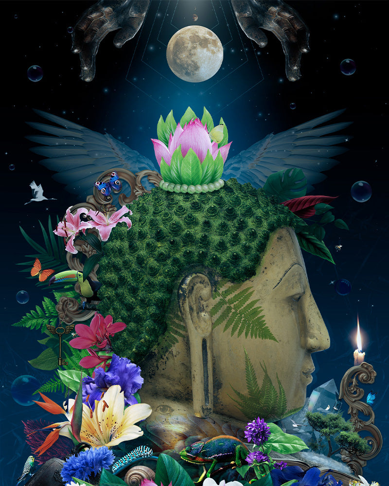 Explore self-discovery and spiritual growth with our 'Be Your Own Light' poster, a beautiful portrayal of Buddha's teachings. This image envelops the Buddha amidst flowers and living beings, embodying his love and compassion.