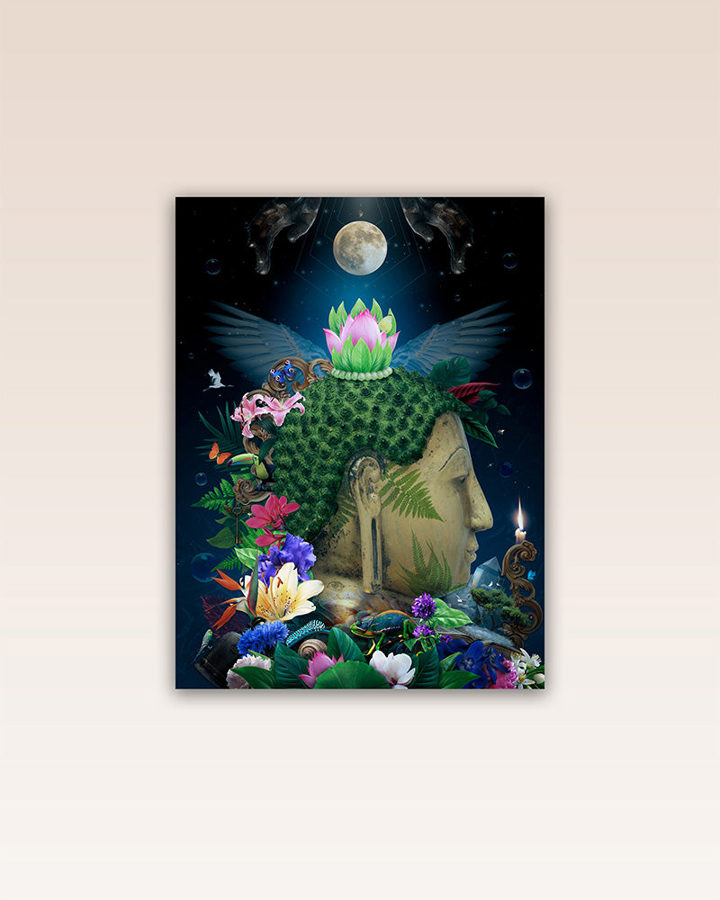 Explore self-discovery and spiritual growth with our 'Be Your Own Light' poster, a beautiful portrayal of Buddha's teachings. This image envelops the Buddha amidst flowers and living beings, embodying his love and compassion.