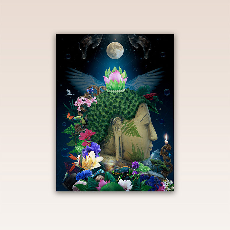 Explore self-discovery and spiritual growth with our 'Be Your Own Light' poster, a beautiful portrayal of Buddha's teachings. This image envelops the Buddha amidst flowers and living beings, embodying his love and compassion.