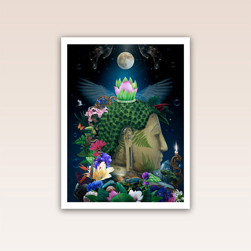 Explore self-discovery and spiritual growth with our 'Be Your Own Light' poster, a beautiful portrayal of Buddha's teachings. This image envelops the Buddha amidst flowers and living beings, embodying his love and compassion.