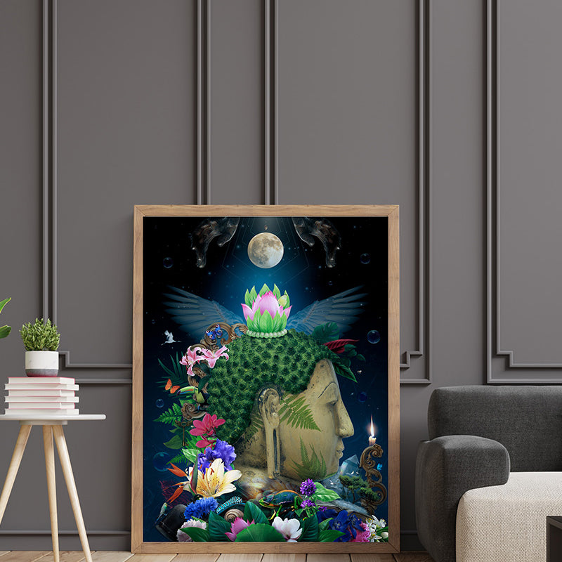 Explore self-discovery and spiritual growth with our 'Be Your Own Light' poster, a beautiful portrayal of Buddha's teachings. This image envelops the Buddha amidst flowers and living beings, embodying his love and compassion.