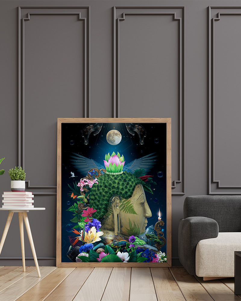 Explore self-discovery and spiritual growth with our 'Be Your Own Light' poster, a beautiful portrayal of Buddha's teachings. This image envelops the Buddha amidst flowers and living beings, embodying his love and compassion.