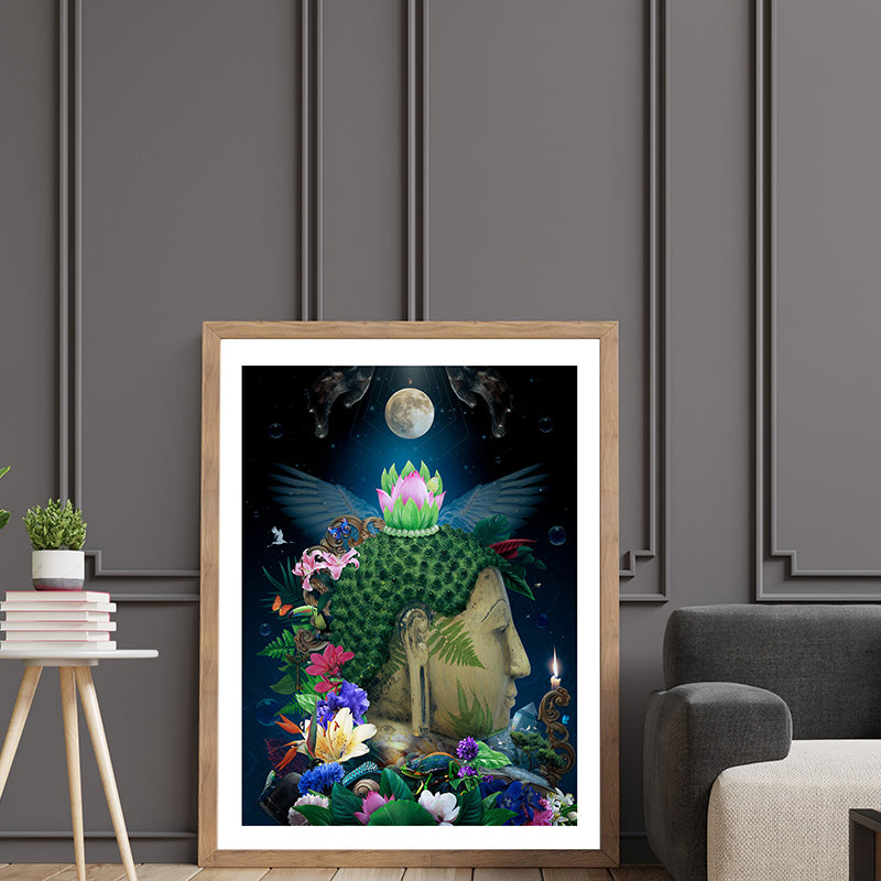 Explore self-discovery and spiritual growth with our 'Be Your Own Light' poster, a beautiful portrayal of Buddha's teachings. This image envelops the Buddha amidst flowers and living beings, embodying his love and compassion.