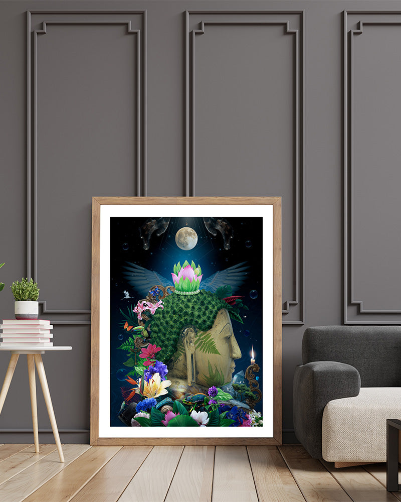 Explore self-discovery and spiritual growth with our 'Be Your Own Light' poster, a beautiful portrayal of Buddha's teachings. This image envelops the Buddha amidst flowers and living beings, embodying his love and compassion.