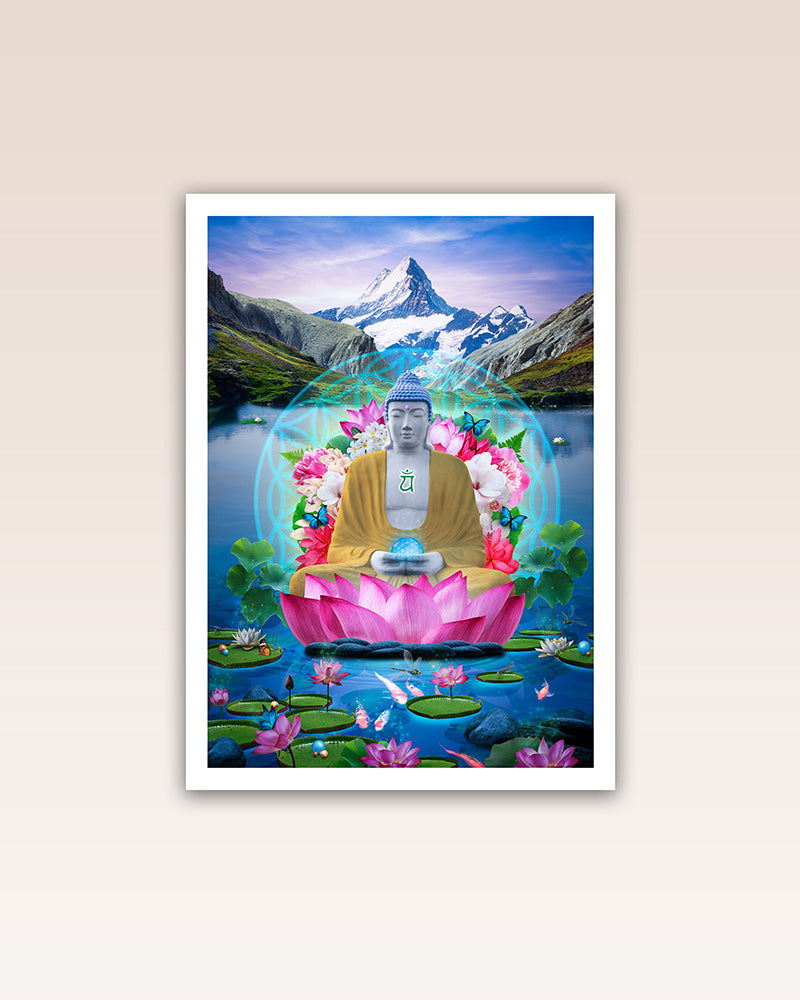 This poster print brings transformation to the desired manifestation in the space, indulge in an ethereal moment of peace and tranquillity in the embrace of the Buddha.