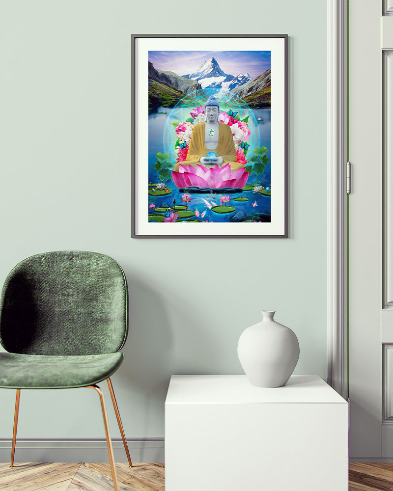 This poster print brings transformation to the desired manifestation in the space, indulge in an ethereal moment of peace and tranquillity in the embrace of the Buddha.