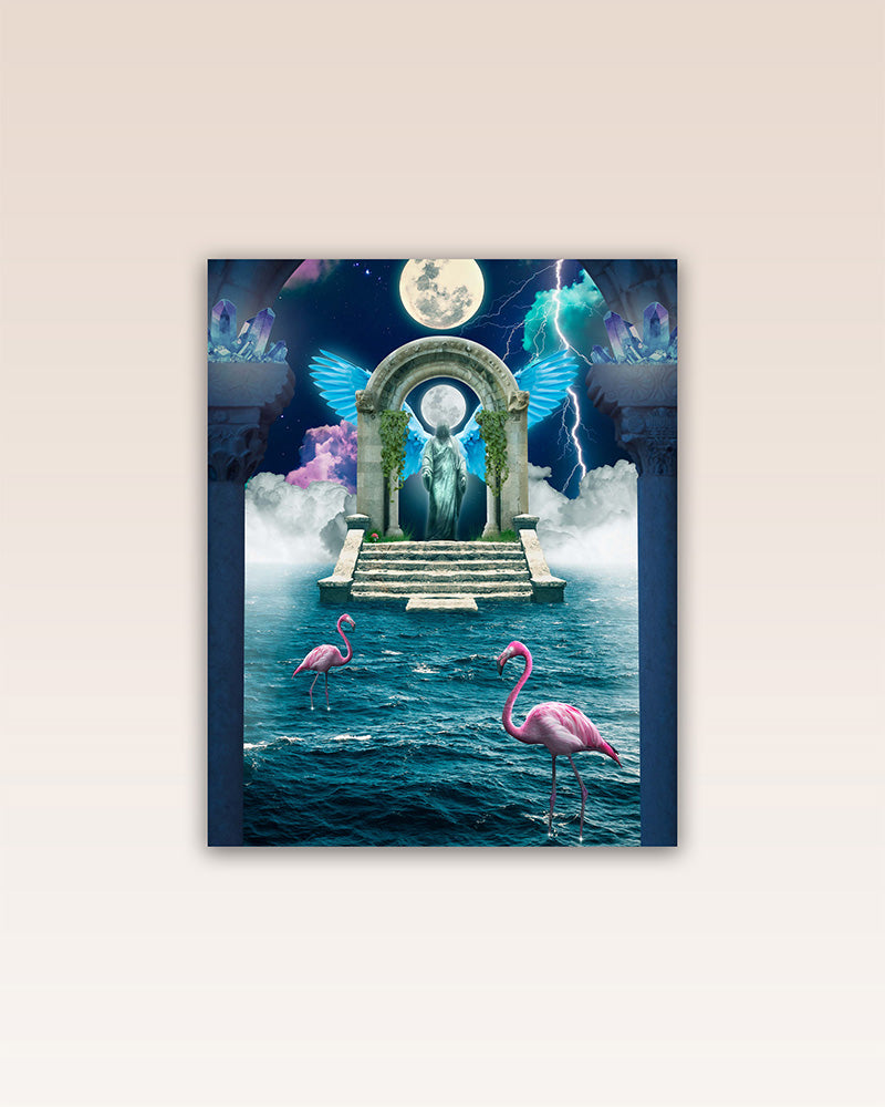 Step into a celestial cloud portal with this mesmerizing poster print. Once you enter, you find yourself in a vibrant world of luminous beings of all shapes and colors.