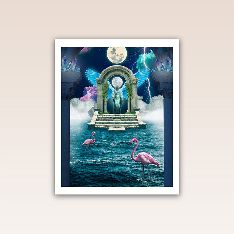 Step into a celestial cloud portal with this mesmerizing poster print. Once you enter, you find yourself in a vibrant world of luminous beings of all shapes and colors.