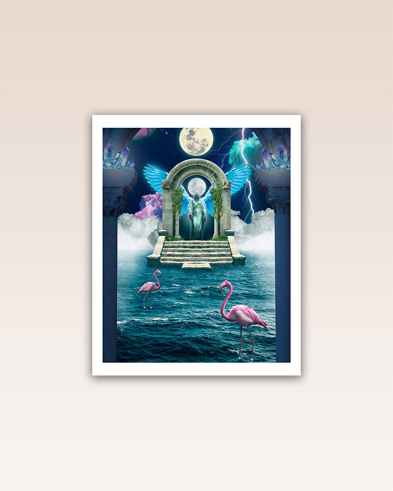 Step into a celestial cloud portal with this mesmerizing poster print. Once you enter, you find yourself in a vibrant world of luminous beings of all shapes and colors.