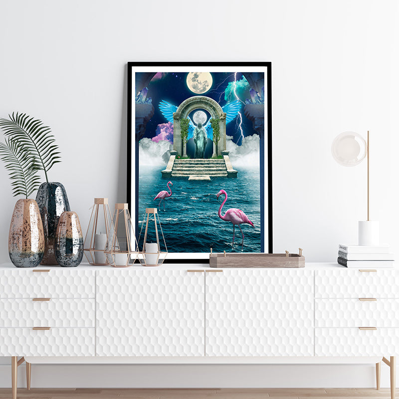 Step into a celestial cloud portal with this mesmerizing poster print. Once you enter, you find yourself in a vibrant world of luminous beings of all shapes and colors.