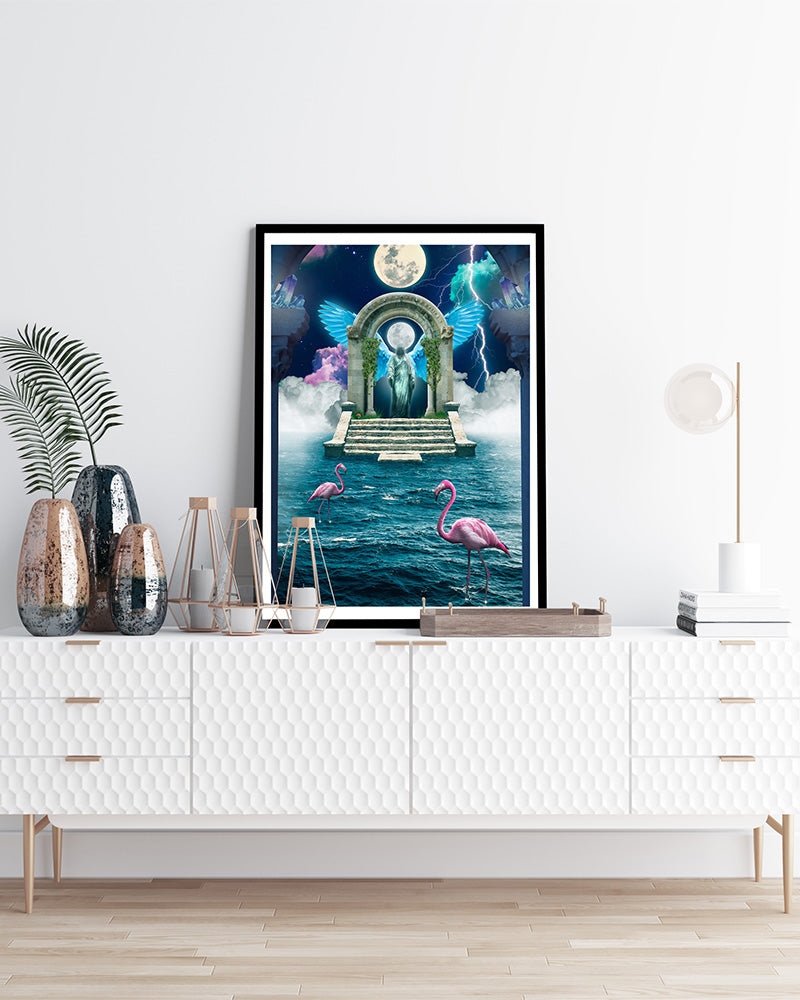 Step into a celestial cloud portal with this mesmerizing poster print. Once you enter, you find yourself in a vibrant world of luminous beings of all shapes and colors.