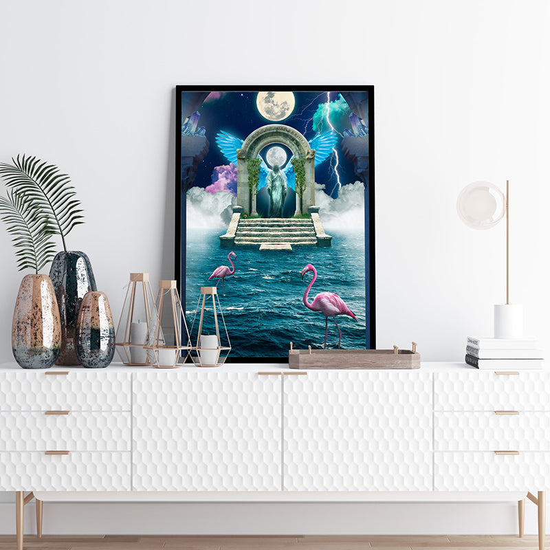 Step into a celestial cloud portal with this mesmerizing poster print. Once you enter, you find yourself in a vibrant world of luminous beings of all shapes and colors.