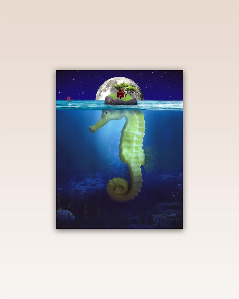 This enchanting poster print reveals the hidden depths of the ocean, showing a seemingly ordinary island that is actually part of a beautiful seahorse. It encourages viewers to dive beneath the surface and explore the unknown, where secrets and surprises are waiting to be discovered.